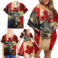 Personalized Canada Moose Family Matching Off Shoulder Short Dress and Hawaiian Shirt Canadian Flag Maple Leaf Vintage