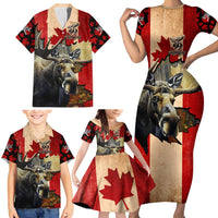 Personalized Canada Moose Family Matching Short Sleeve Bodycon Dress and Hawaiian Shirt Canadian Flag Maple Leaf Vintage
