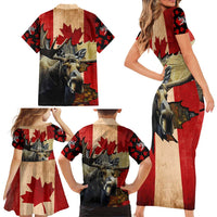 Personalized Canada Moose Family Matching Short Sleeve Bodycon Dress and Hawaiian Shirt Canadian Flag Maple Leaf Vintage