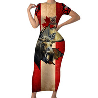 Personalized Canada Moose Short Sleeve Bodycon Dress Canadian Flag Maple Leaf Vintage