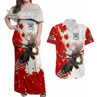 Moose Hunting Couples Matching Off Shoulder Maxi Dress and Hawaiian Shirt Canada Maple Leaf