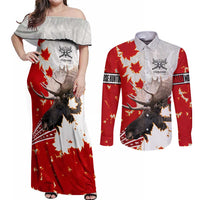 Moose Hunting Couples Matching Off Shoulder Maxi Dress and Long Sleeve Button Shirt Canada Maple Leaf