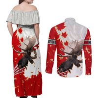 Moose Hunting Couples Matching Off Shoulder Maxi Dress and Long Sleeve Button Shirt Canada Maple Leaf