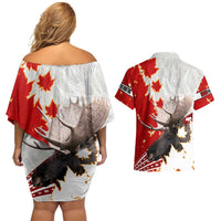 Moose Hunting Couples Matching Off Shoulder Short Dress and Hawaiian Shirt Canada Maple Leaf