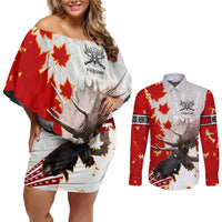 Moose Hunting Couples Matching Off Shoulder Short Dress and Long Sleeve Button Shirt Canada Maple Leaf