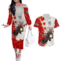 Moose Hunting Couples Matching Off The Shoulder Long Sleeve Dress and Hawaiian Shirt Canada Maple Leaf