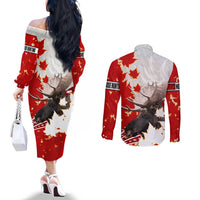 Moose Hunting Couples Matching Off The Shoulder Long Sleeve Dress and Long Sleeve Button Shirt Canada Maple Leaf