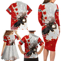 Moose Hunting Family Matching Long Sleeve Bodycon Dress and Hawaiian Shirt Canada Maple Leaf
