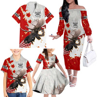 Moose Hunting Family Matching Off The Shoulder Long Sleeve Dress and Hawaiian Shirt Canada Maple Leaf