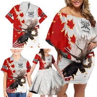 Moose Hunting Family Matching Off Shoulder Short Dress and Hawaiian Shirt Canada Maple Leaf