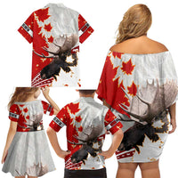 Moose Hunting Family Matching Off Shoulder Short Dress and Hawaiian Shirt Canada Maple Leaf