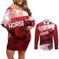 Personalized Canadian Horse Couples Matching Off Shoulder Short Dress and Long Sleeve Button Shirt Canada Maple Leaf