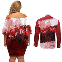 Personalized Canadian Horse Couples Matching Off Shoulder Short Dress and Long Sleeve Button Shirt Canada Maple Leaf
