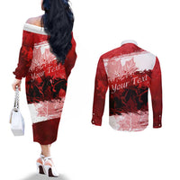 Personalized Canadian Horse Couples Matching Off The Shoulder Long Sleeve Dress and Long Sleeve Button Shirt Canada Maple Leaf