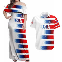 USA Soccer Couples Matching Off Shoulder Maxi Dress and Hawaiian Shirt Summer Paris 2024 - Wonder Print Shop