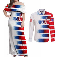 USA Soccer Couples Matching Off Shoulder Maxi Dress and Long Sleeve Button Shirt Summer Paris 2024 - Wonder Print Shop