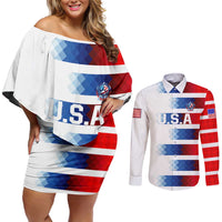 USA Soccer Couples Matching Off Shoulder Short Dress and Long Sleeve Button Shirt Summer Paris 2024 - Wonder Print Shop