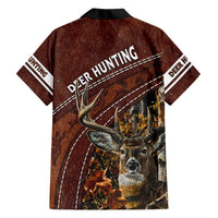 Brown deer hunting Hawaiian shirt back view, black collar, deer antler graphic
