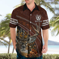 Brown deer hunting Hawaiian shirt on model, black collar, short sleeves, front deer print