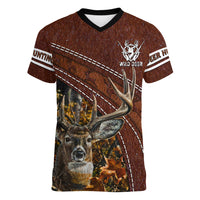 Deer Hunting Women V Neck T Shirt In The Forest Brown - Wonder Print Shop