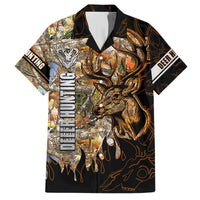 Black Hawaiian shirt with deer graphic, hunting text, orange flame detailing, short sleeves