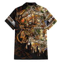 Black Hawaiian shirt with deer head graphic over forest camo, orange swirls, short sleeves