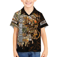 Kids' black Hawaiian shirt with large deer illustration, hunting and deer text, short sleeves