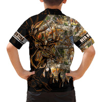 Black Hawaiian shirt with back deer head graphic and flame pattern, hunting text, short sleeves