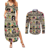 Multi Color Adinkra Symbols Couples Matching Summer Maxi Dress and Long Sleeve Button Shirts African Adrinkra - Wonder Print Shop