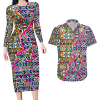 African Ndebele Pattern Couples Matching Long Sleeve Bodycon Dress and Hawaiian Shirt - Wonder Print Shop