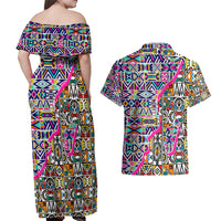 African Ndebele Pattern Couples Matching Off Shoulder Maxi Dress and Hawaiian Shirt - Wonder Print Shop