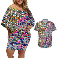 African Ndebele Pattern Couples Matching Off Shoulder Short Dress and Hawaiian Shirt - Wonder Print Shop