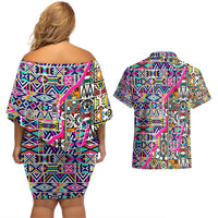 African Ndebele Pattern Couples Matching Off Shoulder Short Dress and Hawaiian Shirt - Wonder Print Shop