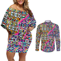 African Ndebele Pattern Couples Matching Off Shoulder Short Dress and Long Sleeve Button Shirts - Wonder Print Shop
