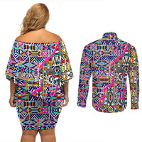 African Ndebele Pattern Couples Matching Off Shoulder Short Dress and Long Sleeve Button Shirts - Wonder Print Shop