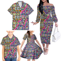 African Ndebele Pattern Family Matching Off Shoulder Long Sleeve Dress and Hawaiian Shirt - Wonder Print Shop