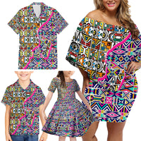 African Ndebele Pattern Family Matching Off Shoulder Short Dress and Hawaiian Shirt - Wonder Print Shop