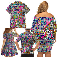 African Ndebele Pattern Family Matching Off Shoulder Short Dress and Hawaiian Shirt - Wonder Print Shop
