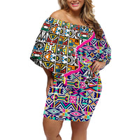 African Ndebele Pattern Off Shoulder Short Dress - Wonder Print Shop