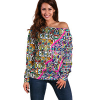 African Ndebele Pattern Off Shoulder Sweater - Wonder Print Shop