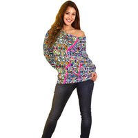 African Ndebele Pattern Off Shoulder Sweater - Wonder Print Shop