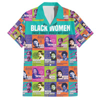 Teal Hawaiian shirt with colorful portraits and bold 'BLACK WOMEN' text, short sleeves