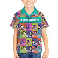 Kids teal Hawaiian shirt with colorful portrait collage and large 'BLACK WOMEN' text, short sleeves