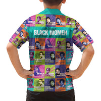 Back view teal Hawaiian shirt with colorful portrait grid and 'Without BLACK WOMEN' slogan