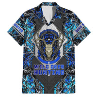 Blue and black short-sleeve Hawaiian shirt with deer skull graphic and button collar