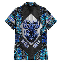 Blue and black short-sleeve Hawaiian shirt with skull and antler graphic, button-front