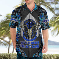 Blue and black short-sleeve Hawaiian shirt showing front deer skull emblem and open collar