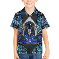 Kids blue and black short-sleeve Hawaiian shirt with front deer skull emblem and bold print