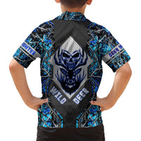 Blue and black short-sleeve Hawaiian shirt back with large skull graphic at center