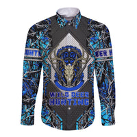 Wild Deer Hunting Long Sleeve Button Shirt Skull Blue Art - Wonder Print Shop